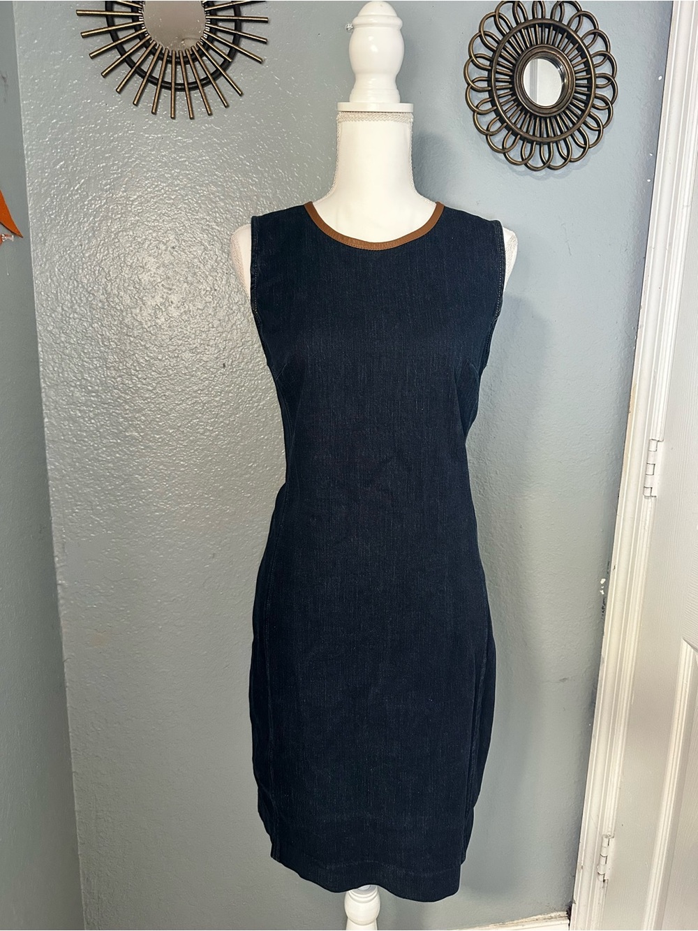 Lauren Ralph Lauren Navy Sleeveless Midi Dress with Brown Trim